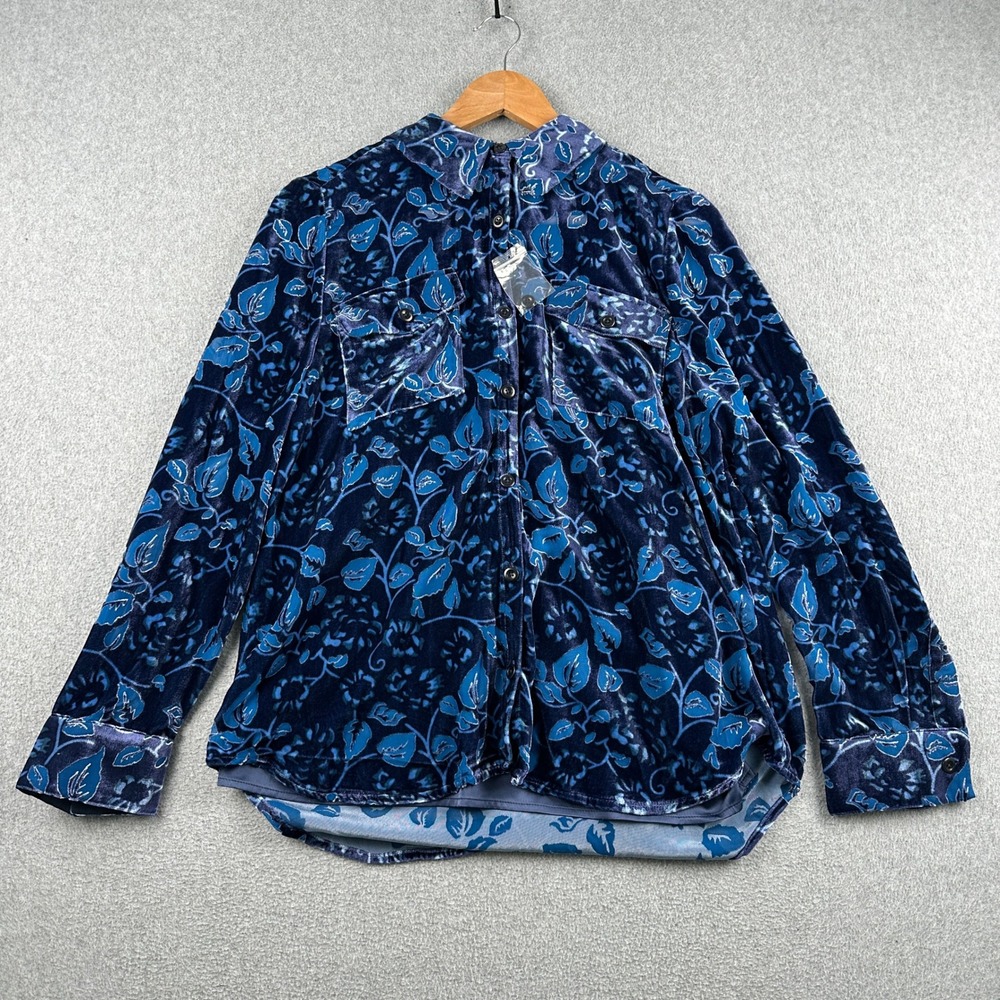 Sundance Button Up Women Medium Blue Floral Velvet Silk Blend Long Sleeve Blouse
